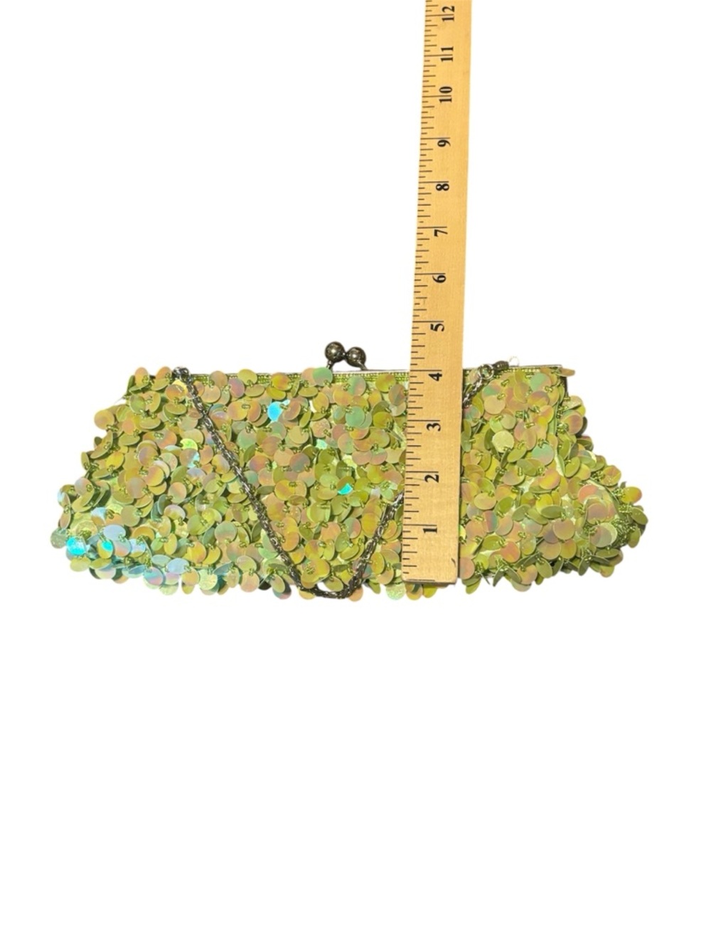 Retro Iridescent Chartreuse Sequin Clutch Kiss Lock Mermaid Y2K Evening Bag - Picture 3 of 3